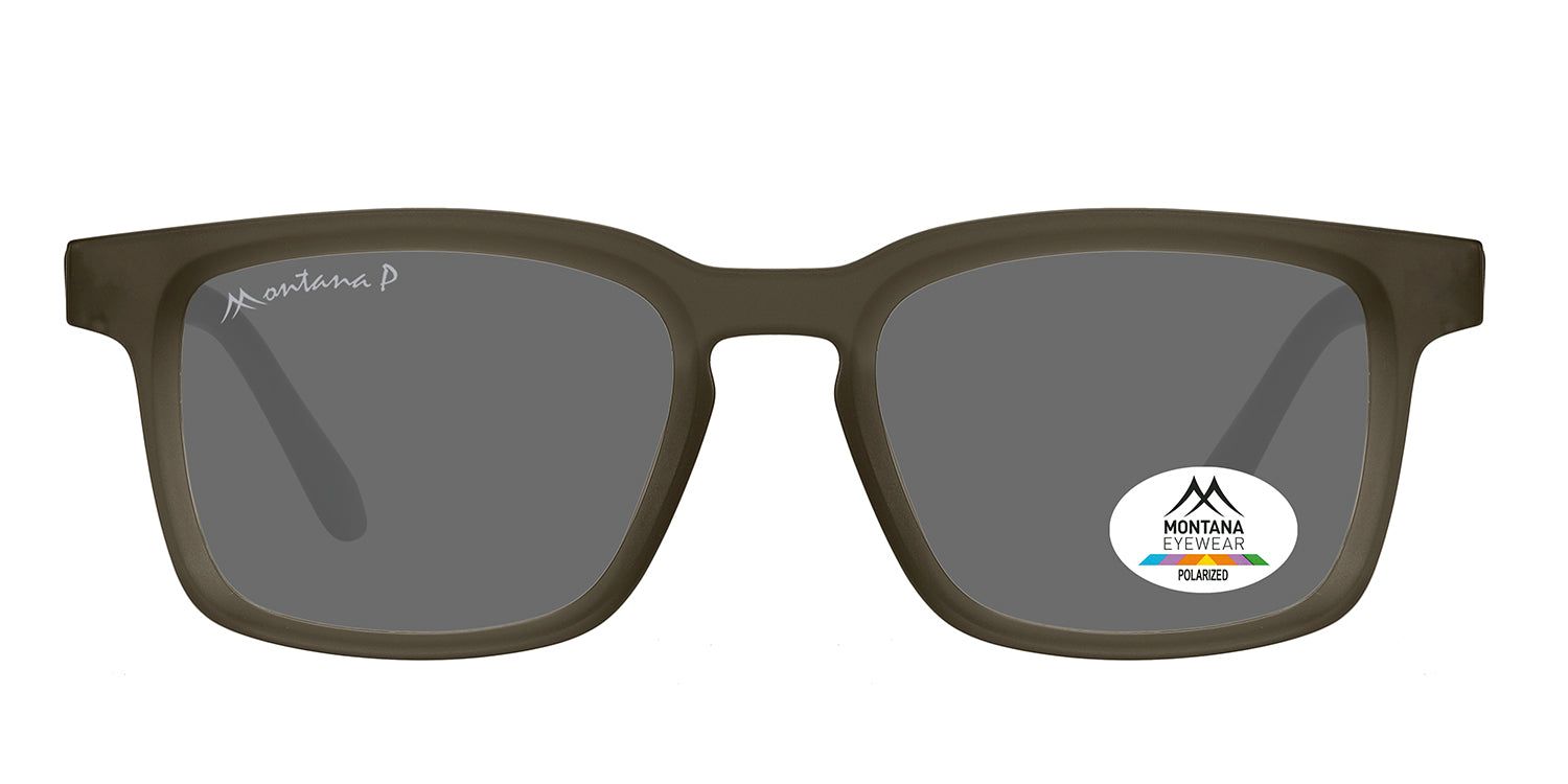 Lunettes de soleil carrées, monture grise. Logo Montana Eyewear sur la branche et le verre. Verres polarisés.