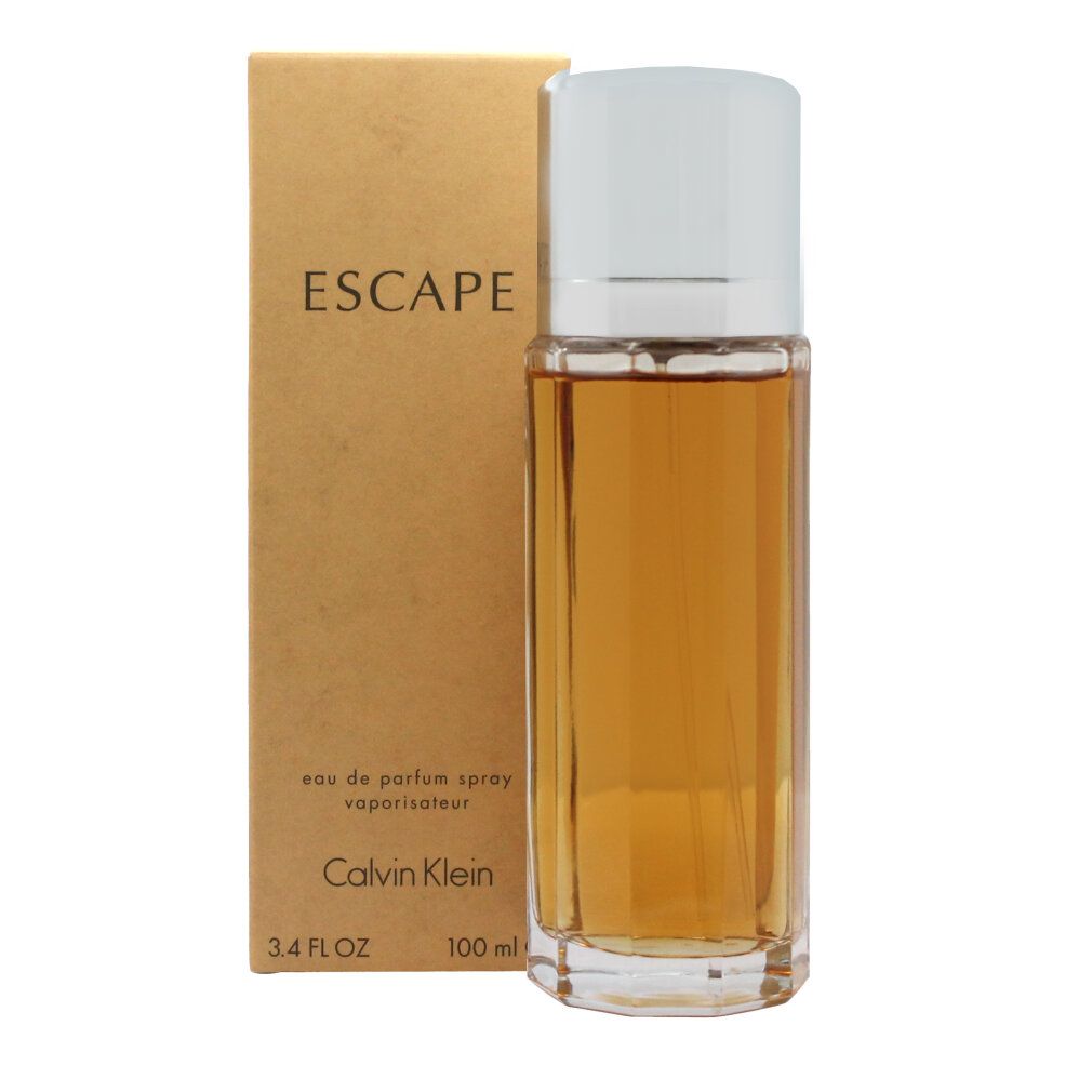 Parfumfles en doos. Fles met witte dop, goudkleurige inhoud. Doos met opschrift "ESCAPE" en "Calvin Klein".