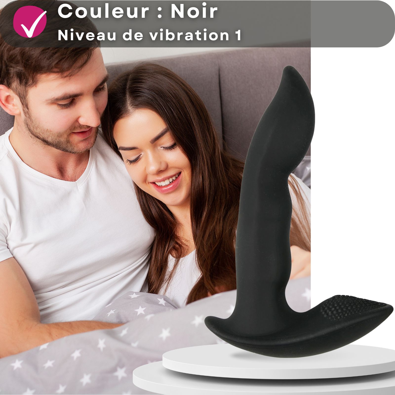 Vibrateur noir en forme de L. Texte sur bannière : Couleur noire, niveau de vibration 1.