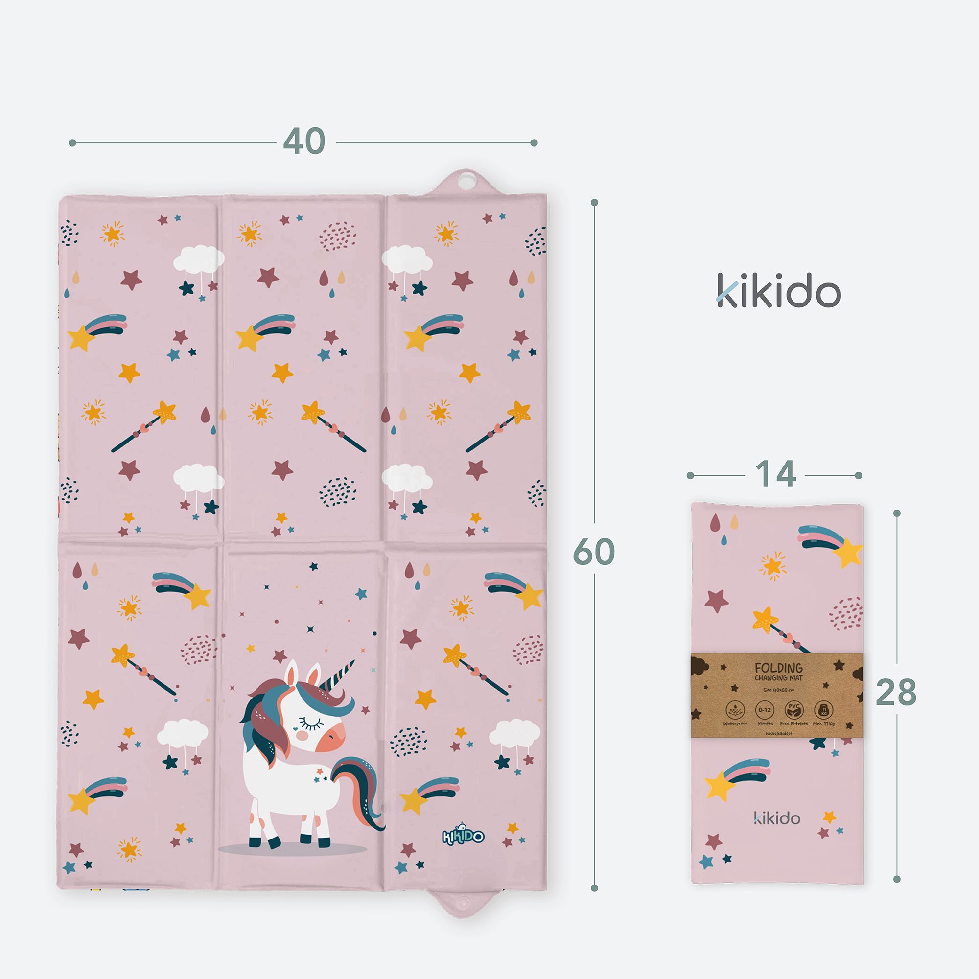 Matelas à langer rose avec licornes et étoiles. Présenté plié et déplié. Logo Kikido.
