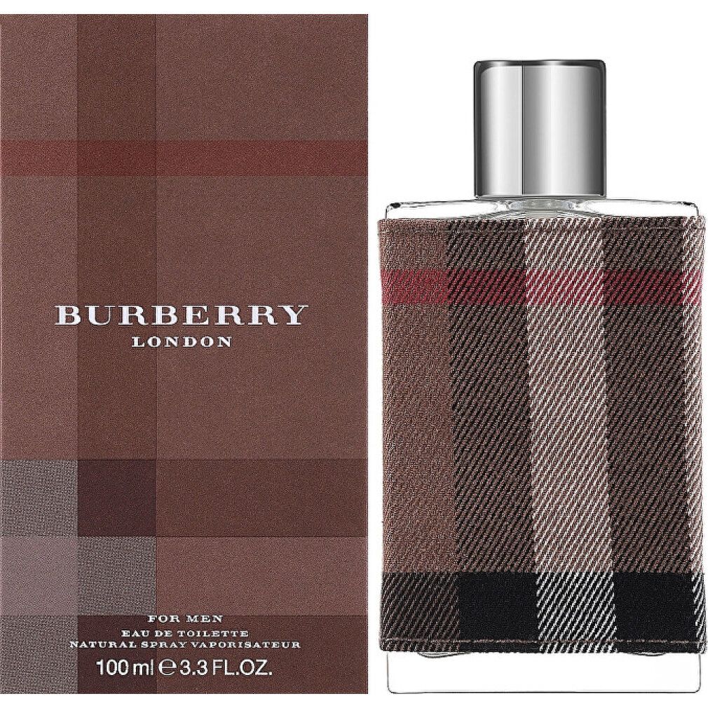 Flacon et boîte. Flacon avec revêtement en tissu à carreaux. Boîte avec logo Burberry.