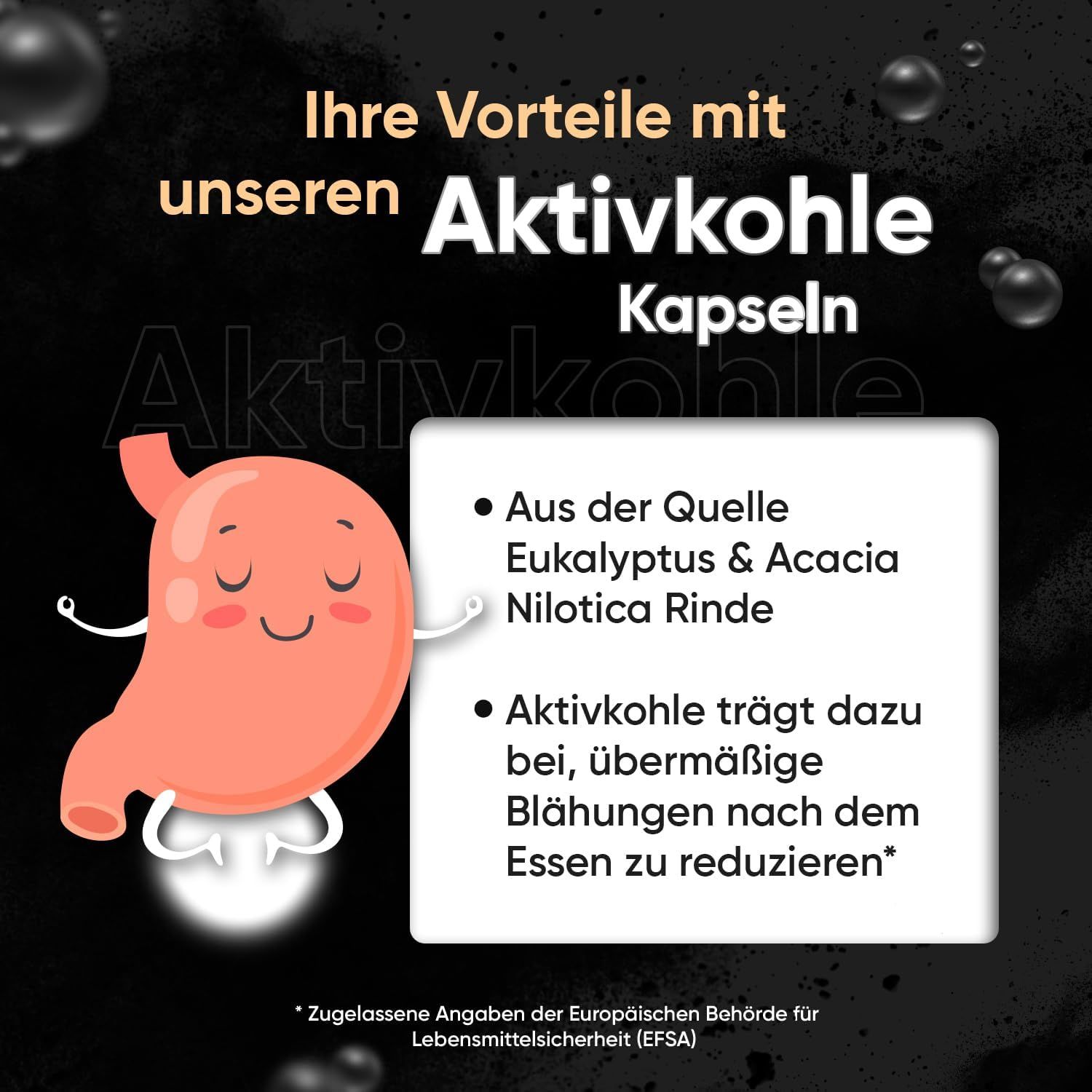 Graphique d'un estomac avec du texte sur les avantages du charbon actif.
