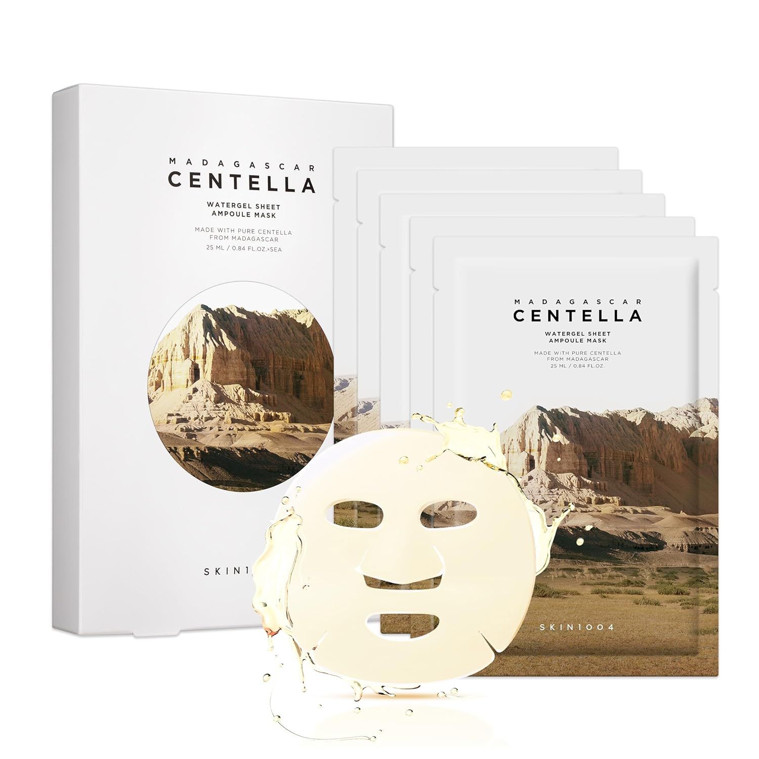 Emballage de masques faciaux. Un masque est visible. Marque : SKIN1004. Produit : Madagascar Centella Watergel Sheet Ampoule Mask.