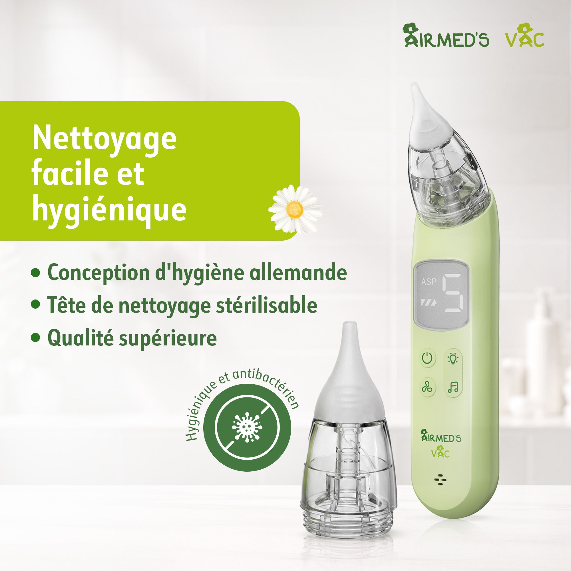 Aspirateur nasal électrique avec réservoir amovible et écran numérique.