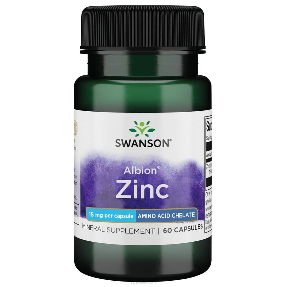 Bouteille verte de capsules Swanson Albion Zinc, 15 mg par capsule, 60 capsules.