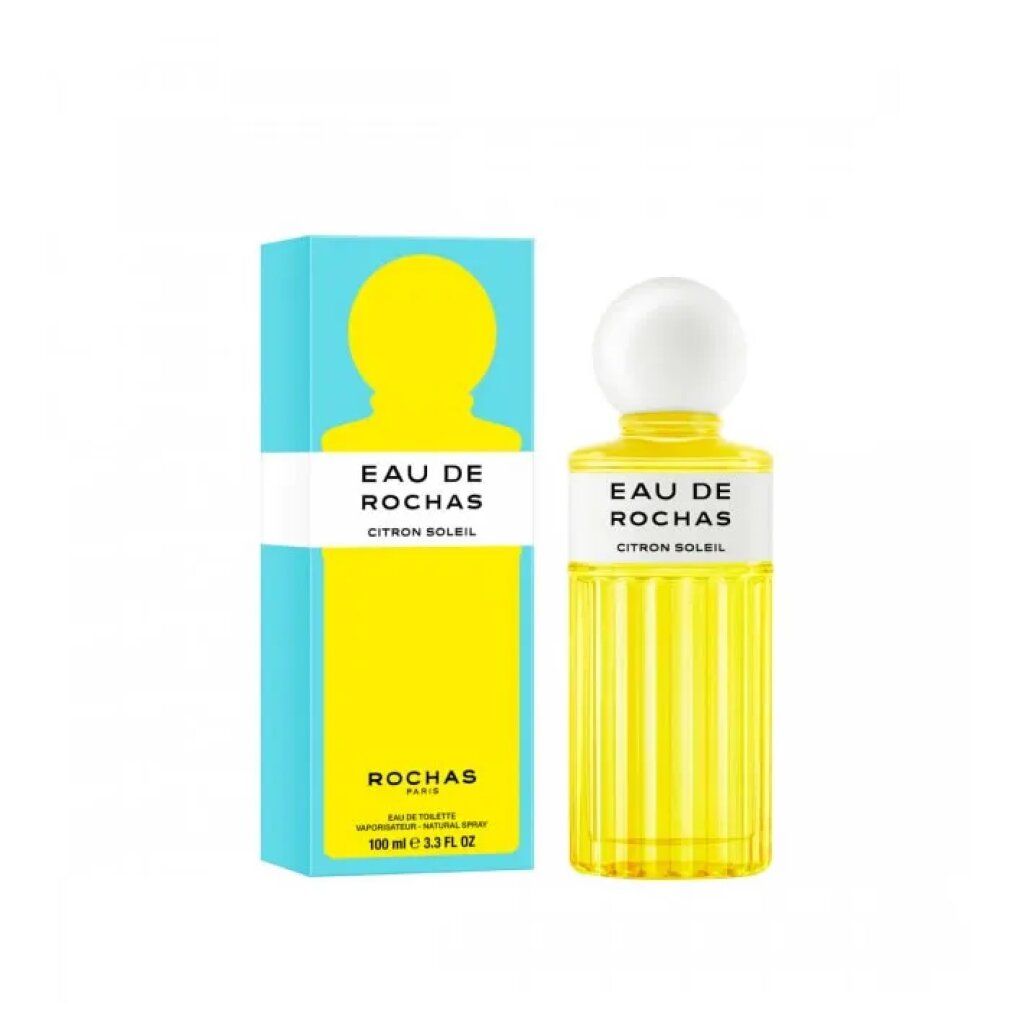 Geel Eau de Toilette flesje met witte dop en verpakking. Opschrift: Eau de Rochas Citron Soleil.
