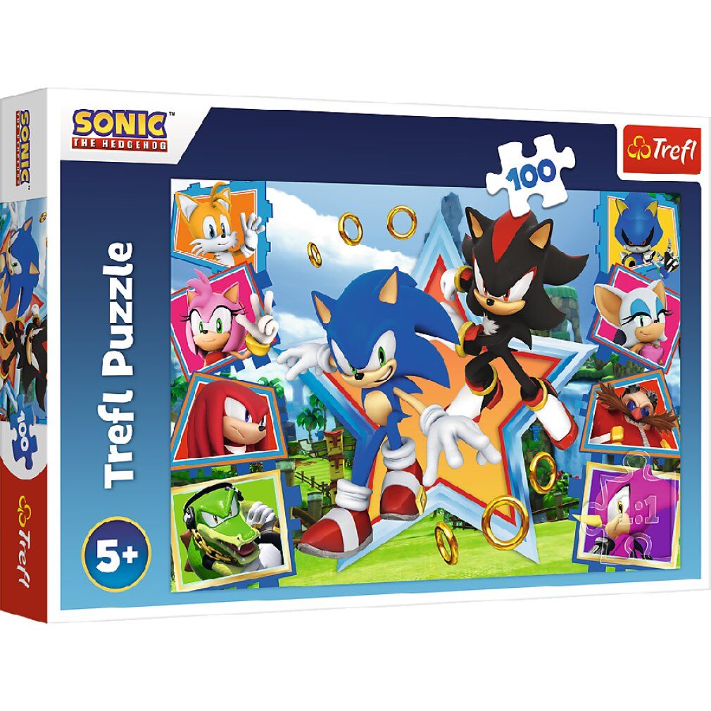 Boîte du puzzle. Inscriptions: Sonic, Trefl Puzzle, 100 pièces, 5+. Le puzzle montre Sonic et Shadow.