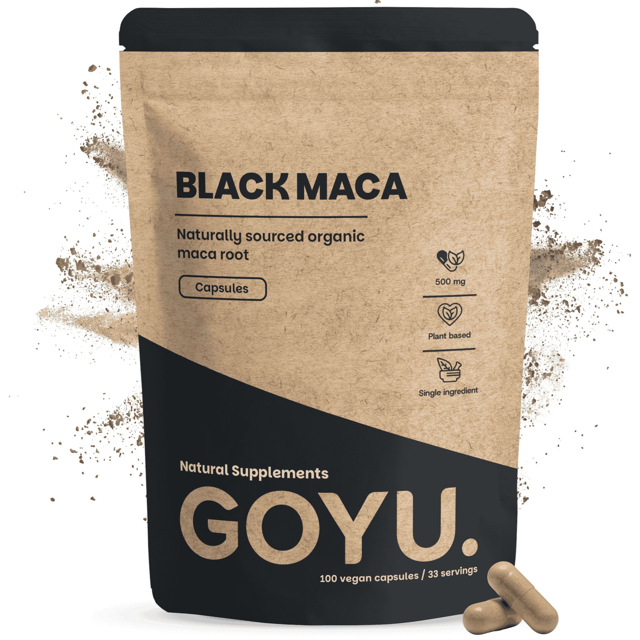 Un paquet de gélules GOYU Black Maca, racine de maca bio d'origine naturelle, 100 gélules végétales par paquet.