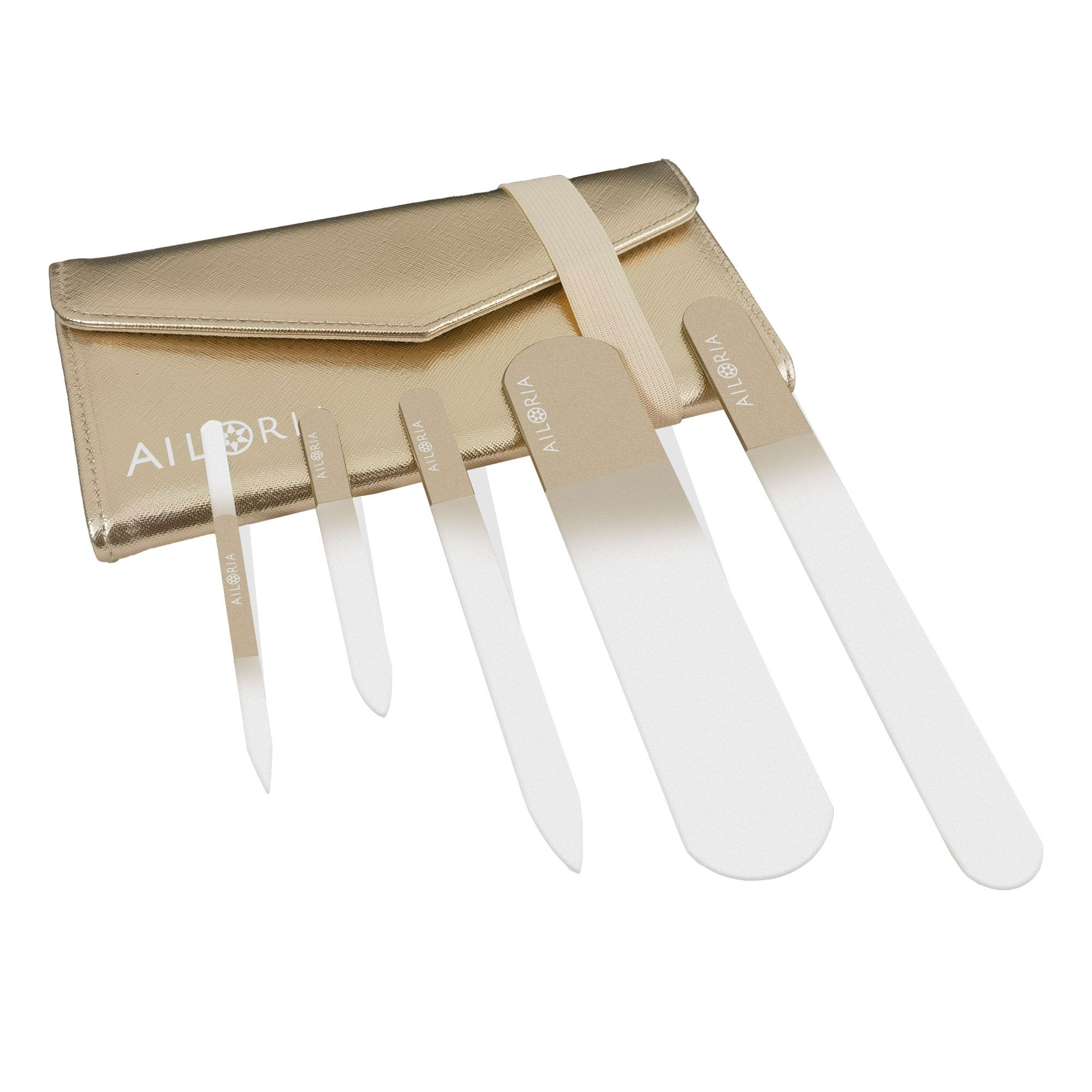 Ensemble de limes à ongles avec étui. Étui doré avec logo. Limes de différentes tailles.