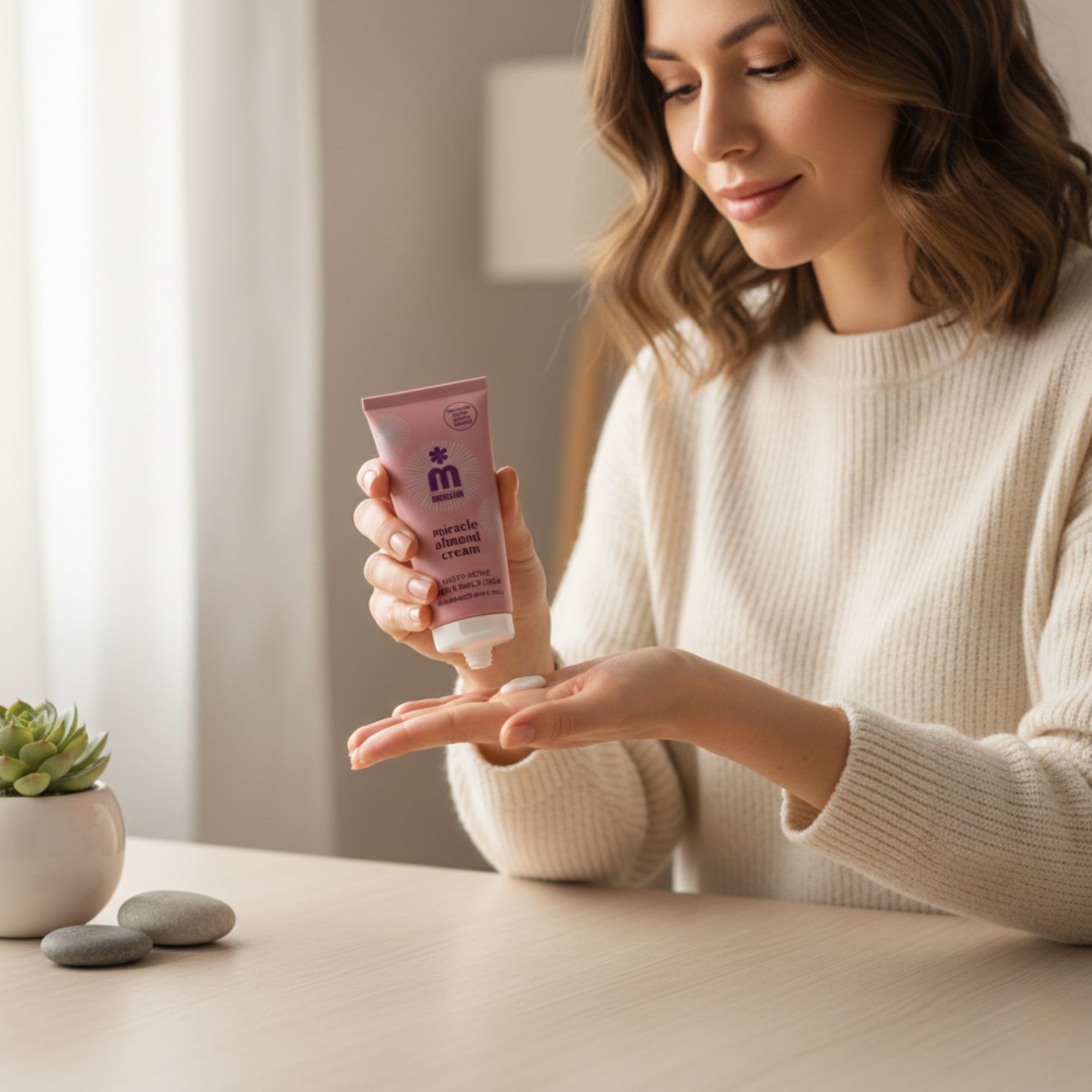 Vrouw houdt tube "melem miracle almond cream" vast. Tekst: Multi-Active Hand & Nails Cream. Voor beschadigde huid & nagels. Met amandelolie.