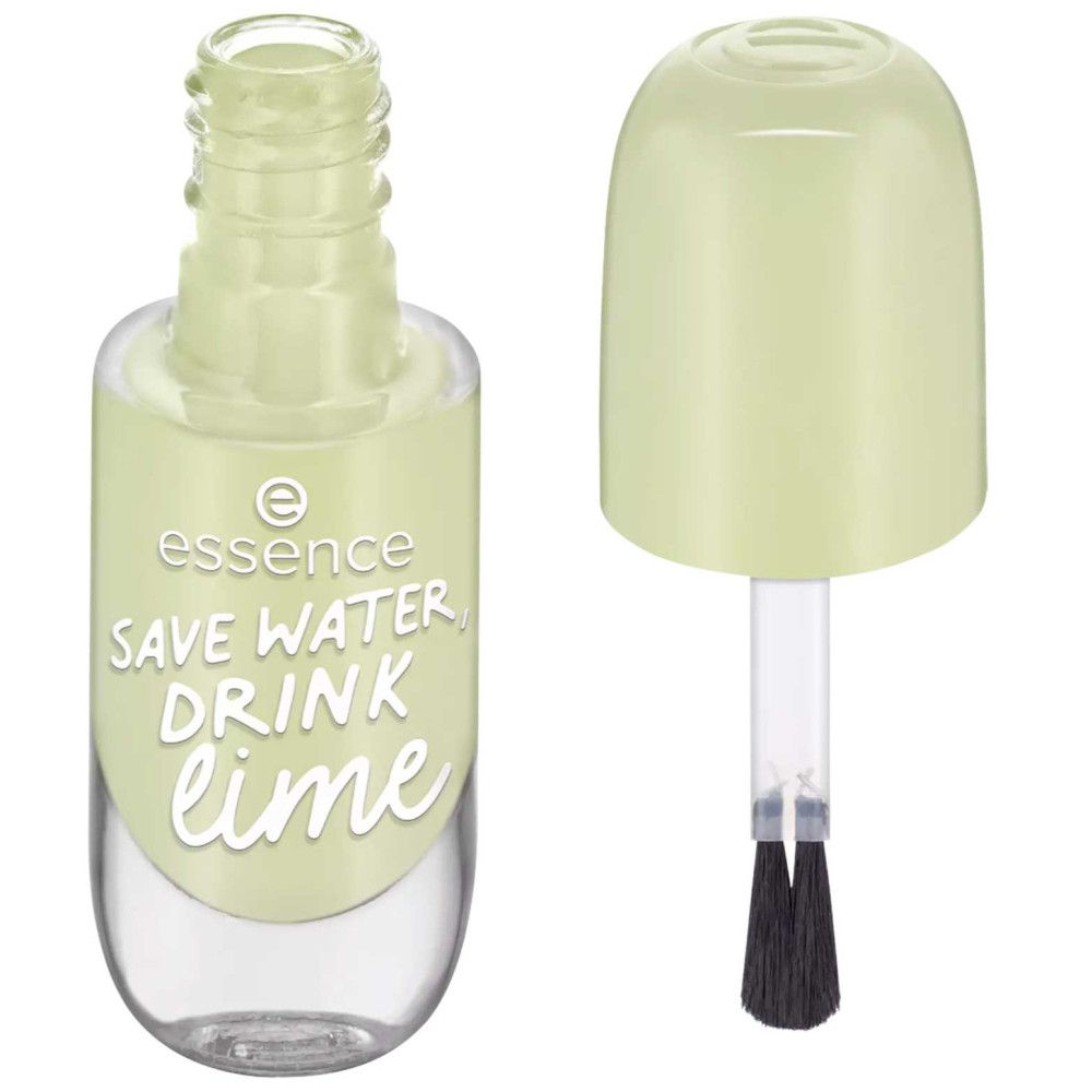 Flacon de vernis à ongles ouvert, pinceau visible. Liquide vert clair. Inscription: SAVE WATER DRINK lime. Marque: essence.