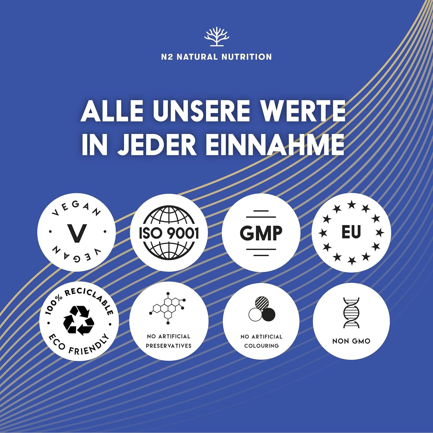 Cirkelvormige logo's: Vegan, ISO 9001, GMP, EU, 100% recyclebaar, Eco Friendly, geen kunstmatige conserveermiddelen, geen kunstmatige kleurstoffen, Non GMO.
