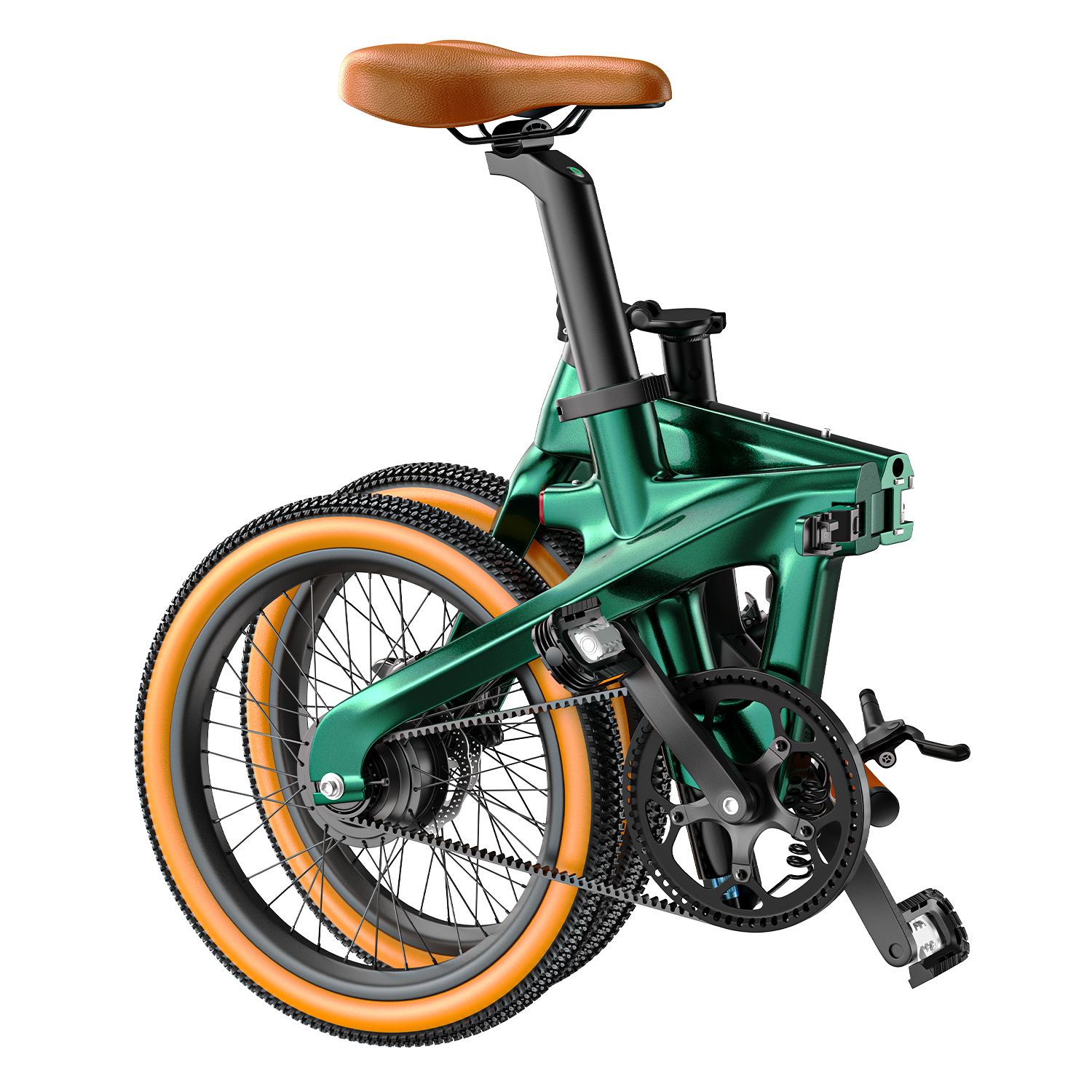 Opgevouwen groene vouwfiets. Merk PULUMA.