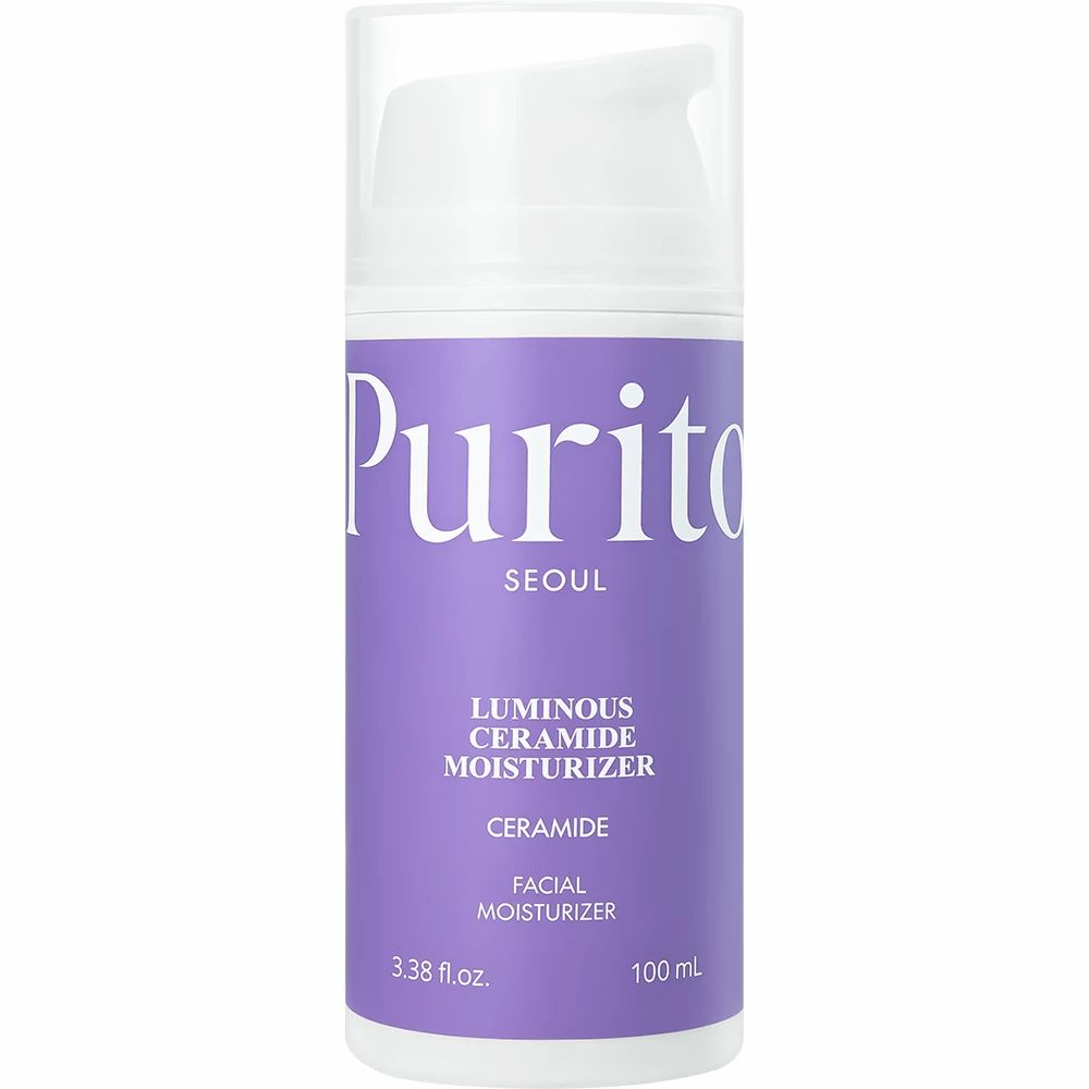 Witte dispenser met paars etiket. Opschrift: Purito, Seoul, Luminous Ceramide Moisturizer, Ceramide, Facial Moisturizer. 3.38 fl.oz., 100 ml.