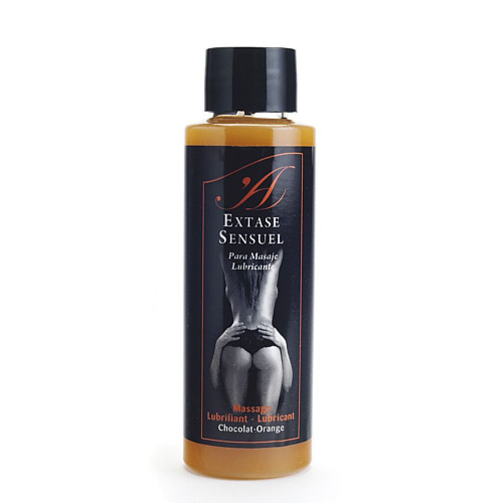 Flacon de lubrifiant Extase Sensuel, Chocolat-Orange. Bouchon noir, liquide orangé.