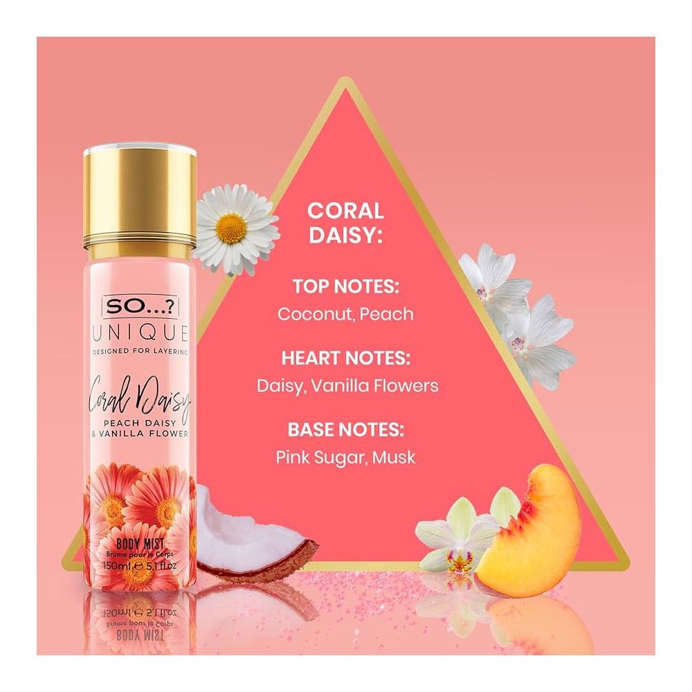 Vaporisateur corporel rose et bouchon doré. Inscription: SO...? UNIQUE, Coral Daisy. Avec noix de coco, pêche et fleurs.