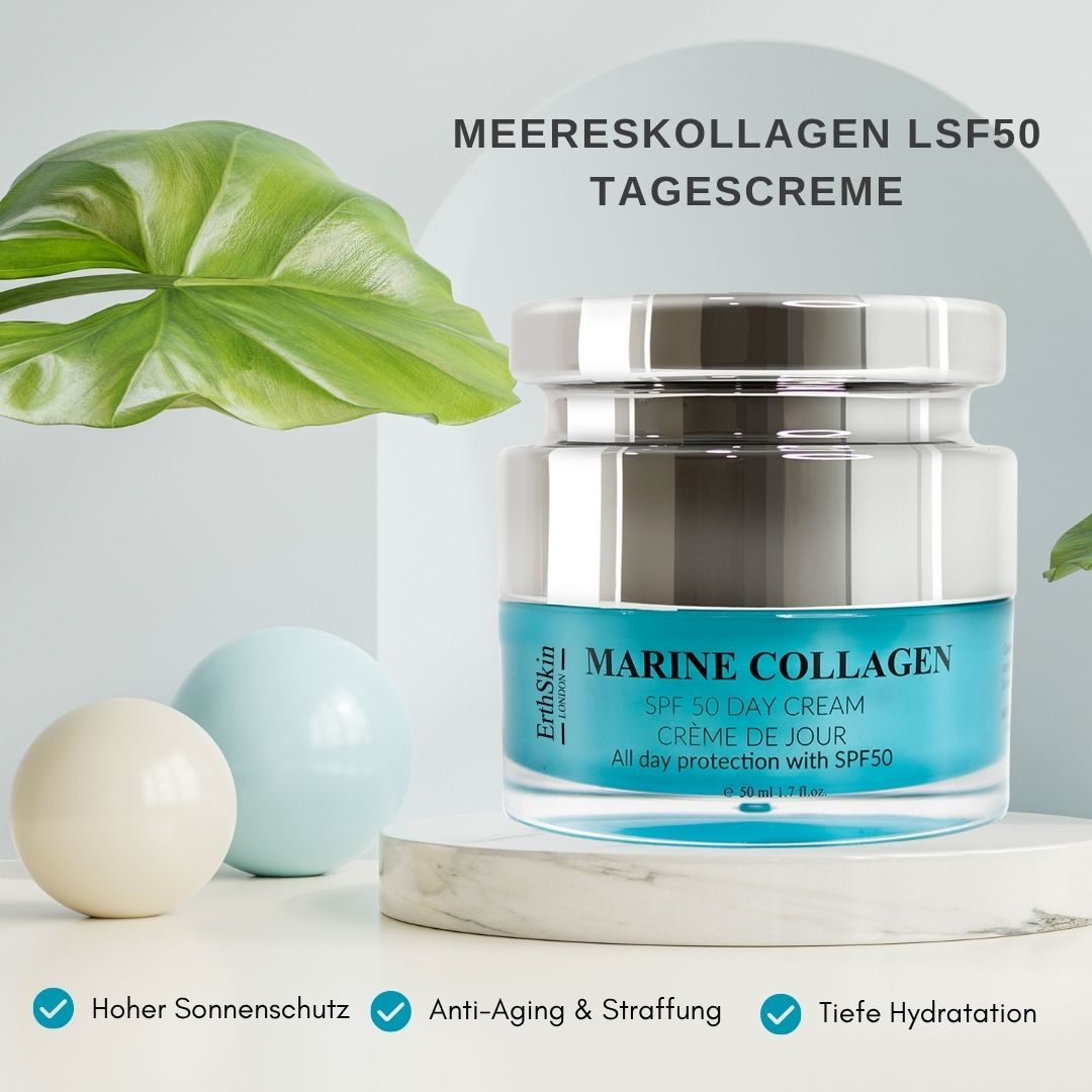 Crème de jour ErthSkin London Meereskollagen SPF50. Sur marbre, avec feuilles et boules. Texte: haute protection solaire, anti-âge.