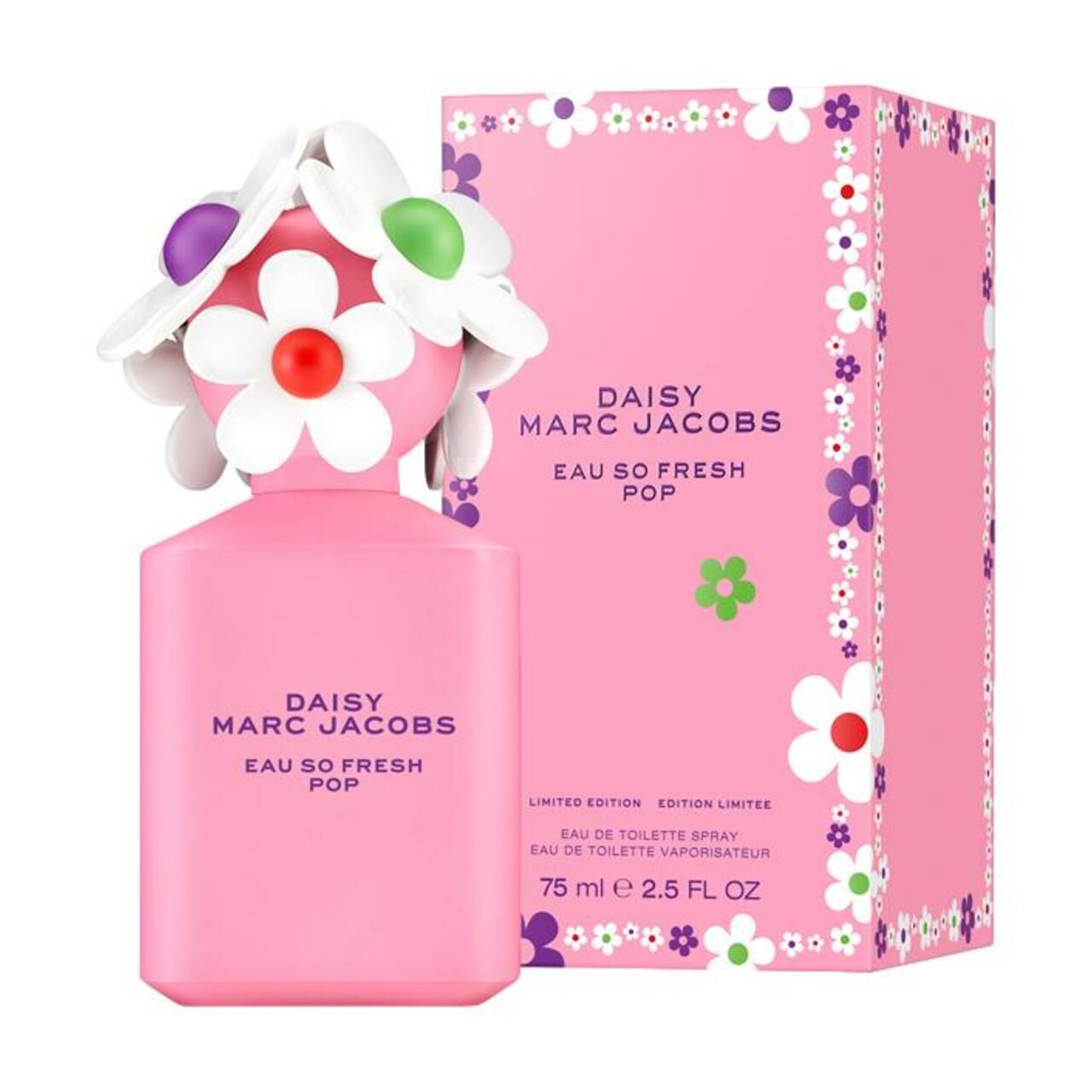Roze fles en verpakking. Opschrift: Daisy Marc Jacobs Eau So Fresh Pop. Limited Edition.