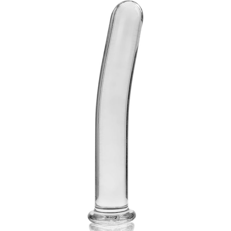 Dildo transparent en verre borosilicaté, modèle 9, sur fond blanc. Forme courbée, base large et plate.