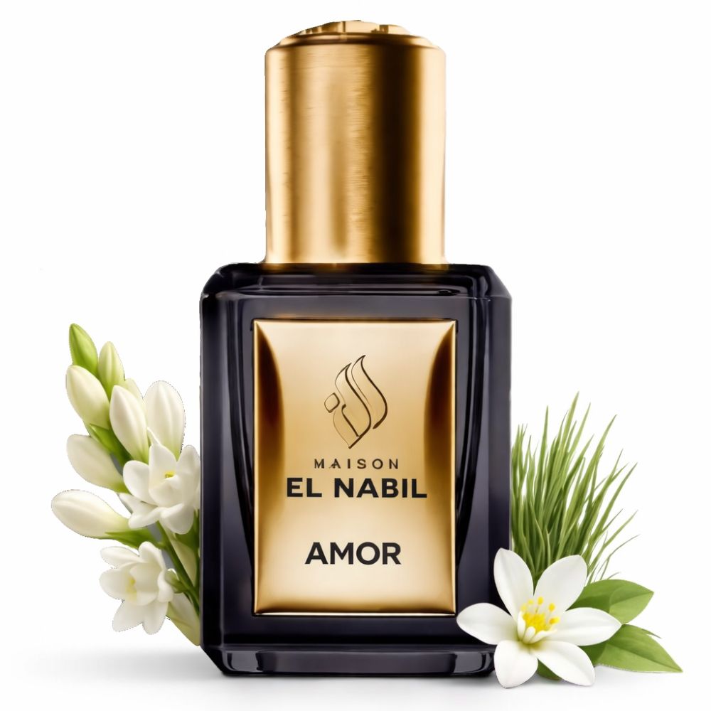 Flacon noir avec bouchon et étiquette dorés. Inscription: EL NABIL, AMOR. Fleurs blanches et herbe verte entourent le flacon.