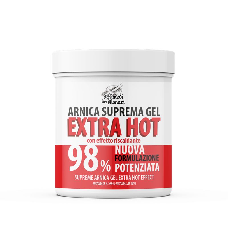 Pot blanc avec texte rouge. Inscription: Arnica Suprema Gel Extra Hot, 98%. Marque: Rimedi dei Monaci.