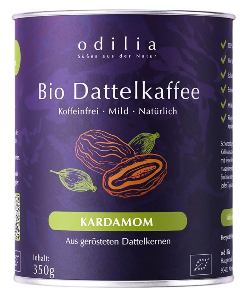 Blikje Odilia biologische dadelkoffie met kardemom. Cafeïnevrij, mild, natuurlijk. Van geroosterde dadelpitten.