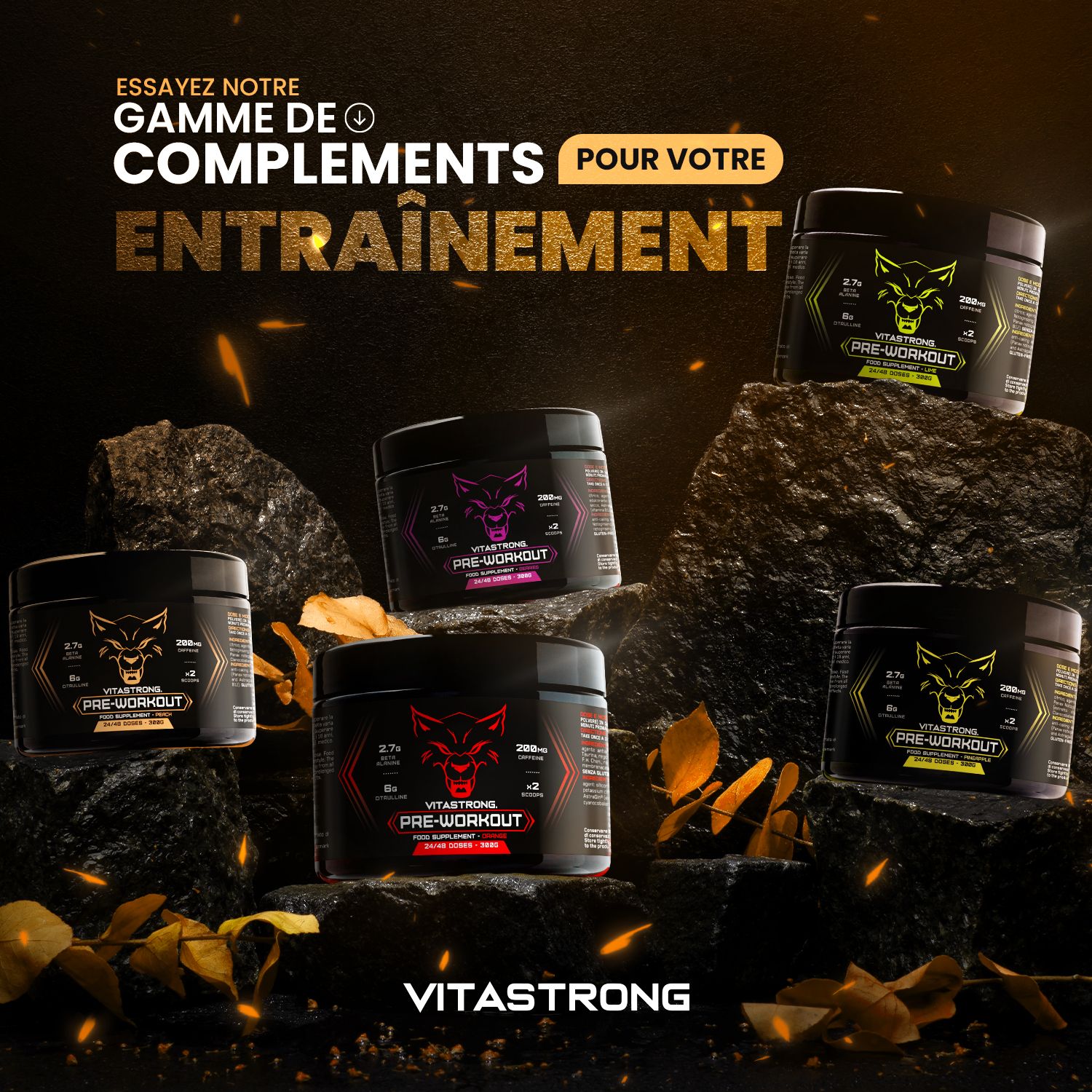 Meerdere potten Vitastrong Pre-Workout op stenen. Tekst: Supplementen voor je training.