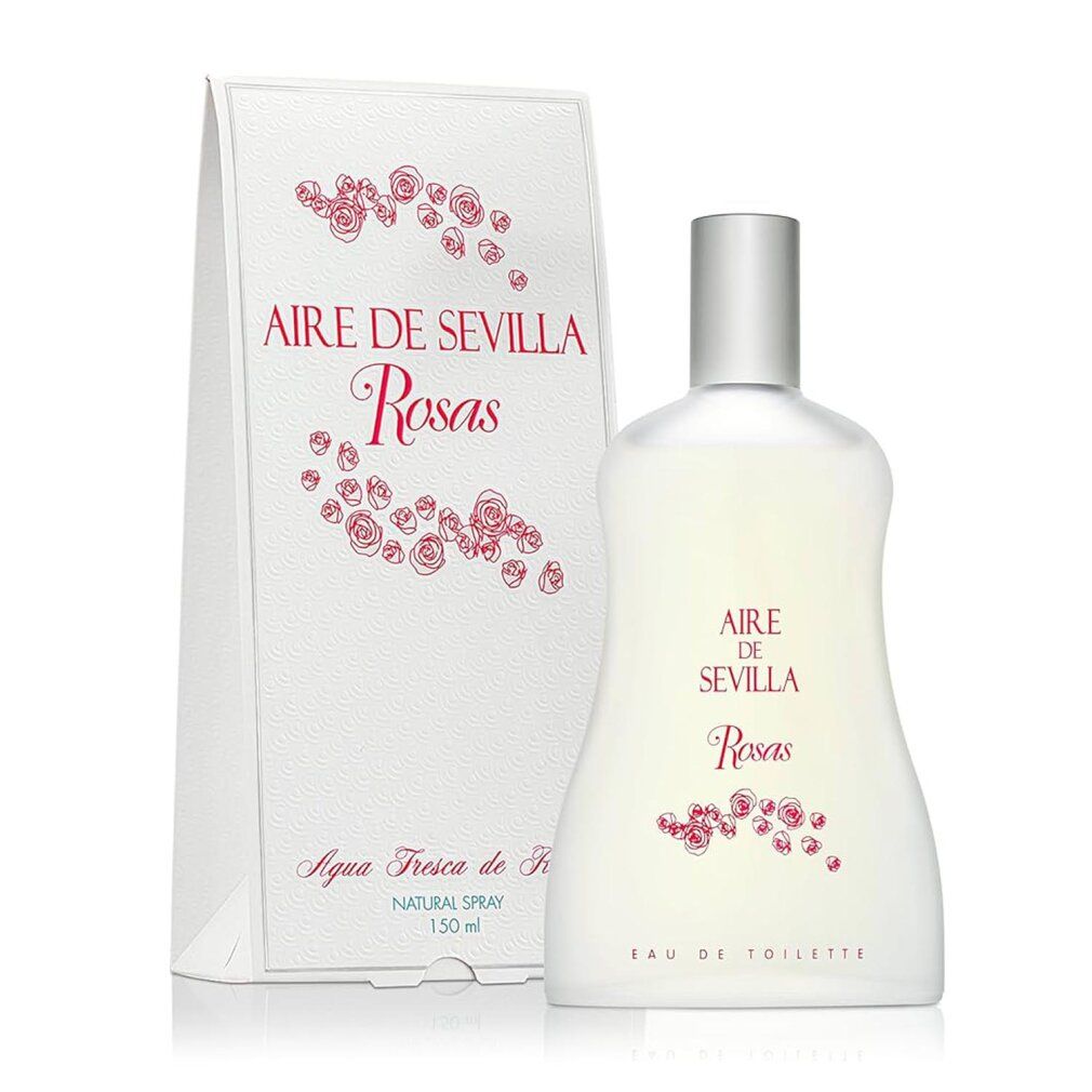 Flacon et boîte Aire de Sevilla Rosas. Motifs floraux roses. Eau de Toilette. Vaporisateur argenté.