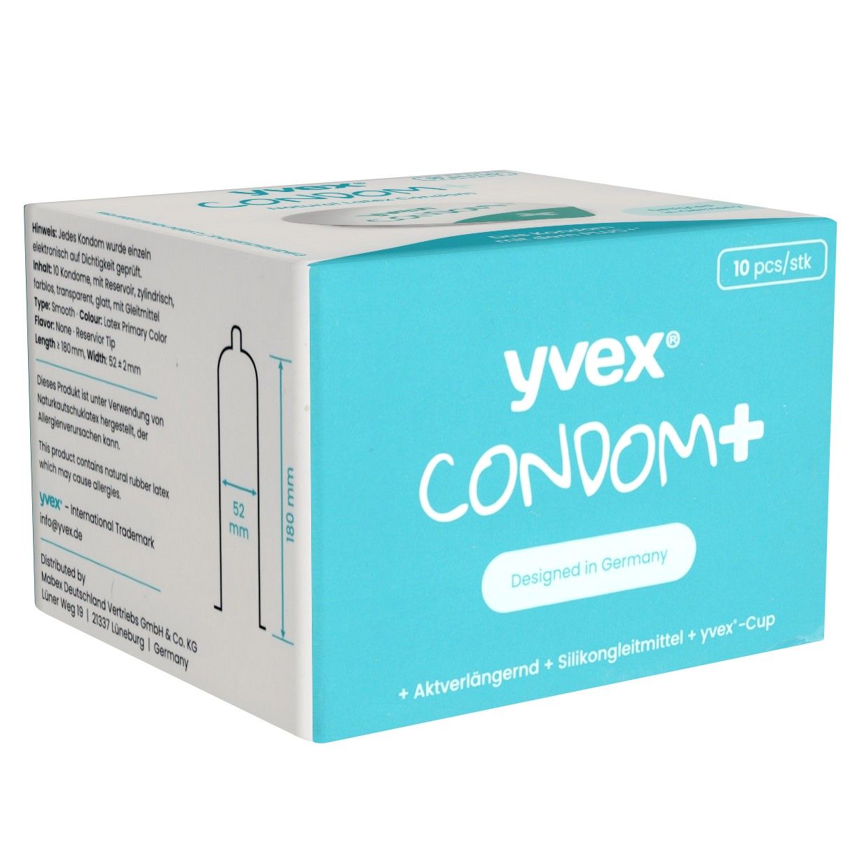Verpakking van YVEX CONDOM+. Turquoise en witte doos met productnaam en "Designed in Germany". Bevat 10 stuks.
