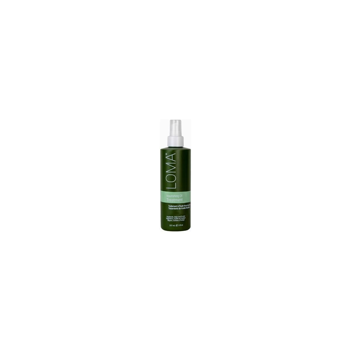 Flacon vert avec vaporisateur blanc. Inscription LOMA et « Nourishing Oil Treatment » en anglais, français et espagnol.