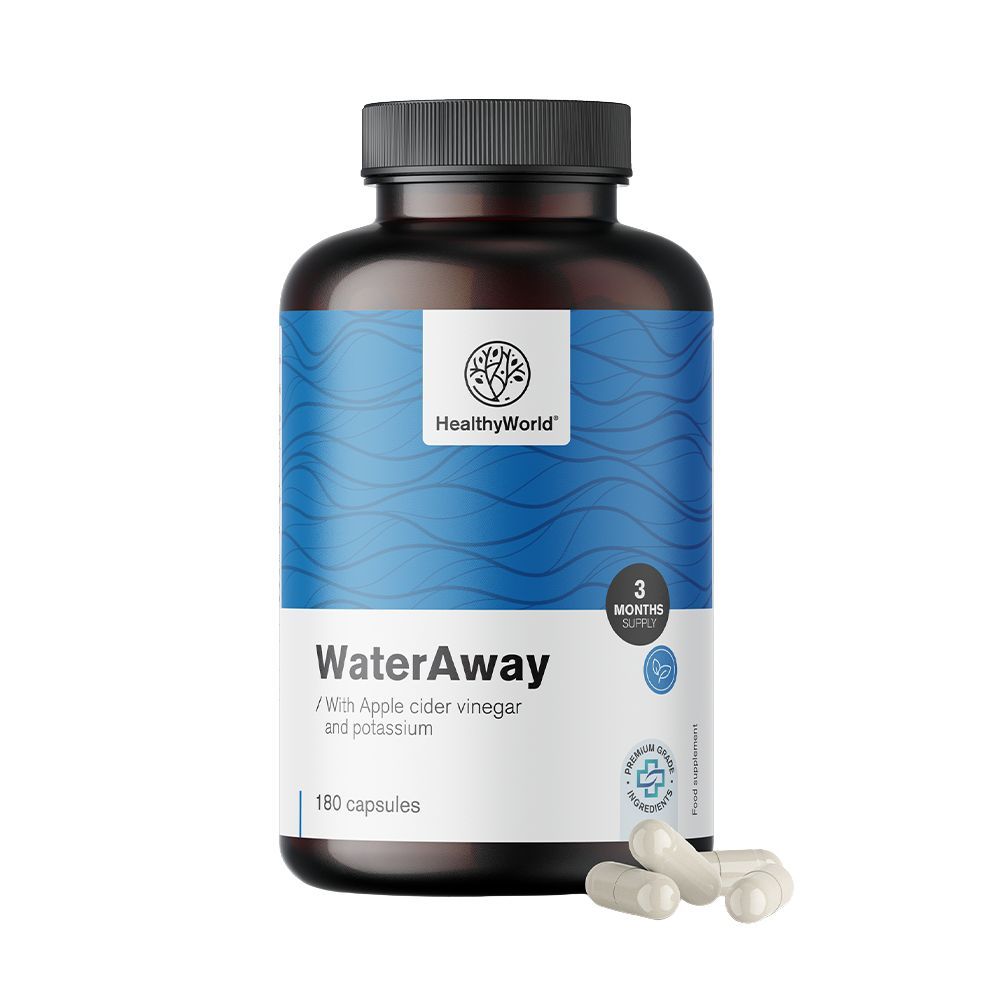 Bruine fles met zwarte dop. Opschrift: WaterAway, 180 capsules. Capsules ernaast.