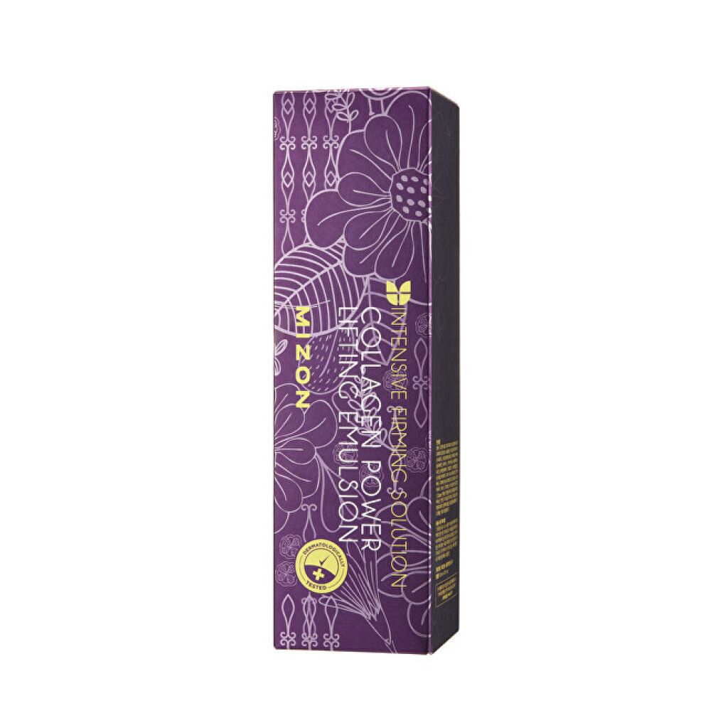 Verpakking MIZON Collagen Power Lifting Emulsion. Paars met bloemmotief. Tekst: Intensive Firming Solution.