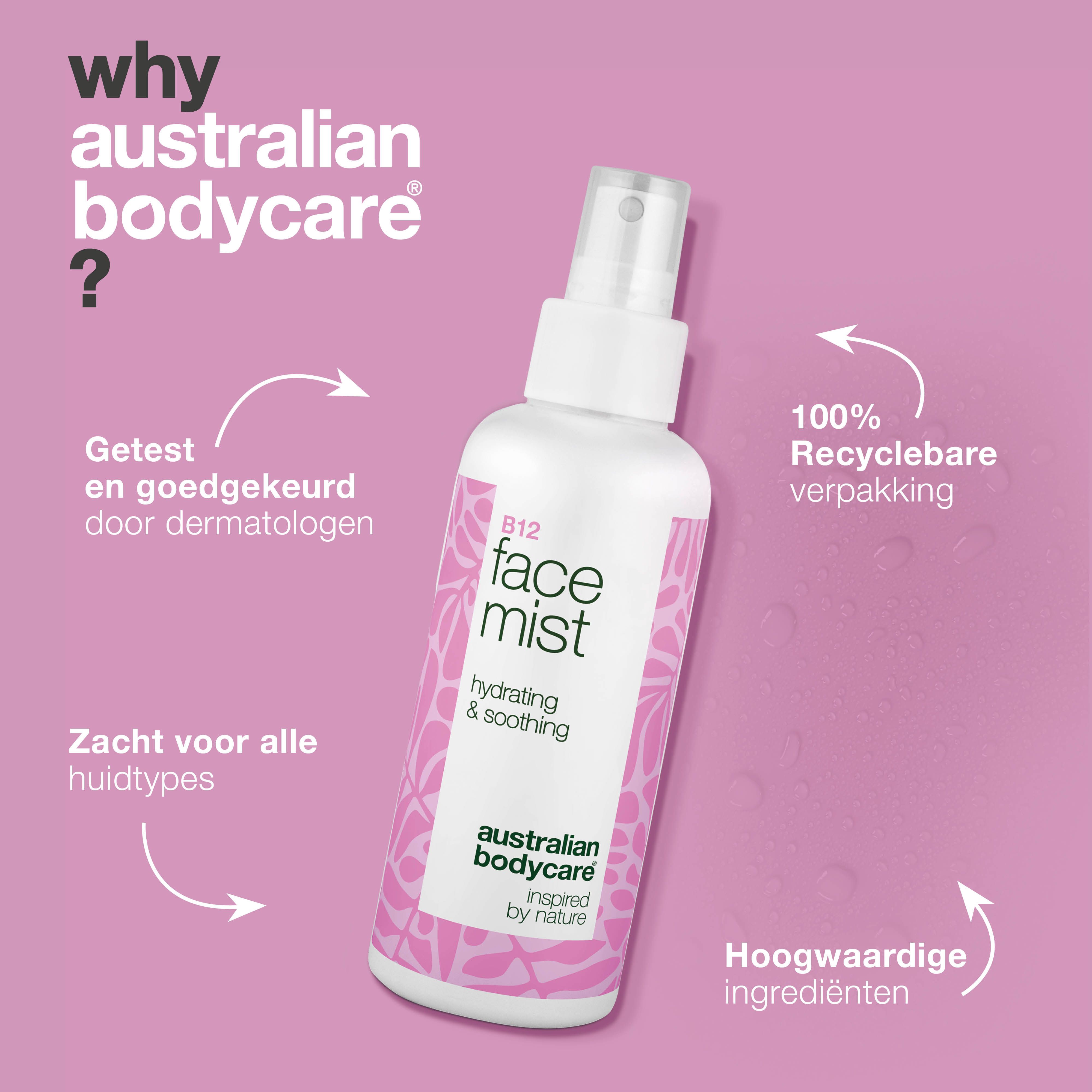 Een fles B12 Face Mist. Tekst: Waarom Australian Bodycare? Getest en goedgekeurd door dermatologen. 100% recyclebare verpakking.