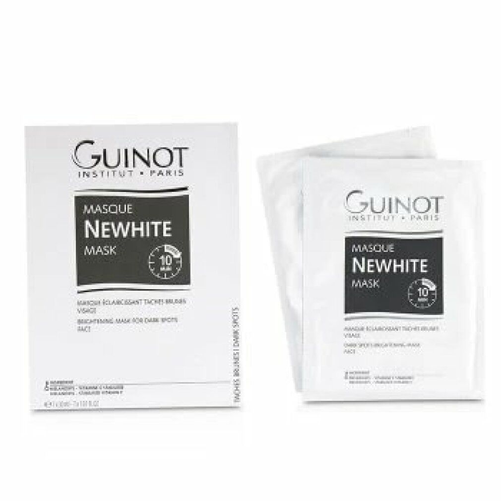 Sachet et boîte Guinot Newhite Mask. Inscription: Newhite, Masque, 10 Min. Marque: Guinot. Description: Brightening Mask for Dark Spots, Face.