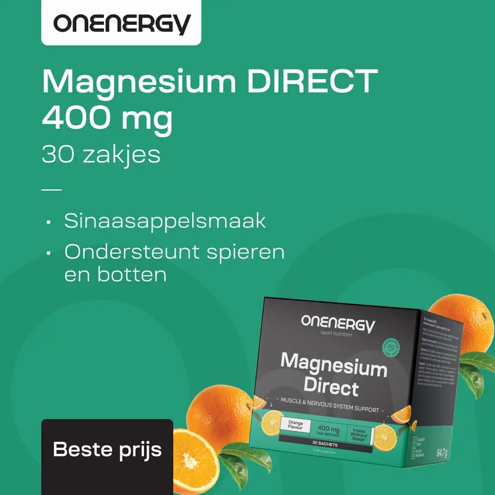 Magnesium DIRECT 400 mg, 30 zakjes. 2 actieve vormen. Ondersteunt spieren en botten.