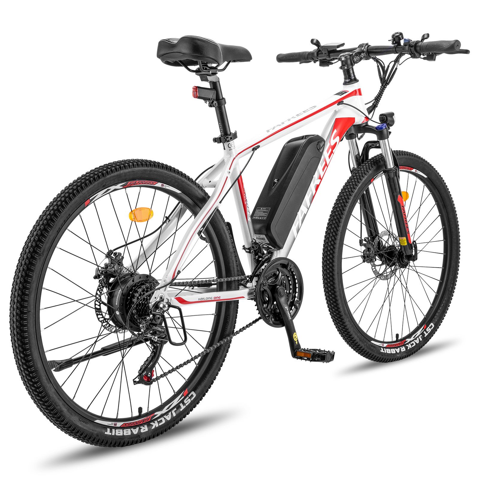 VTT électrique, blanc avec détails rouges. Pneus, selle et batterie noirs. Marque Fafrees.