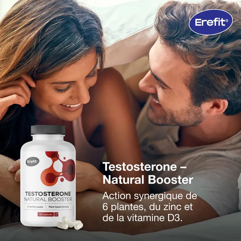 Couple au lit, flacon de gélules. Inscription : Erefit, Testosterone Natural Booster.