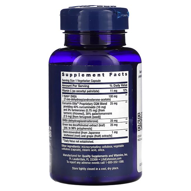 Arrière d'une bouteille bleu foncé avec Life Extension DHEA Complete, faits nutritionnels et ingrédients.
