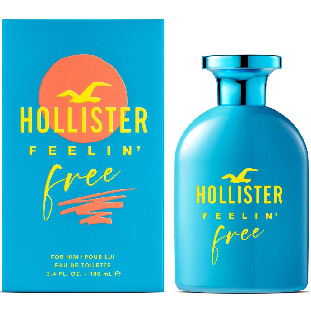 Flacon et boîte turquoise avec logo jaune et inscription "HOLLISTER FELLIN' free".