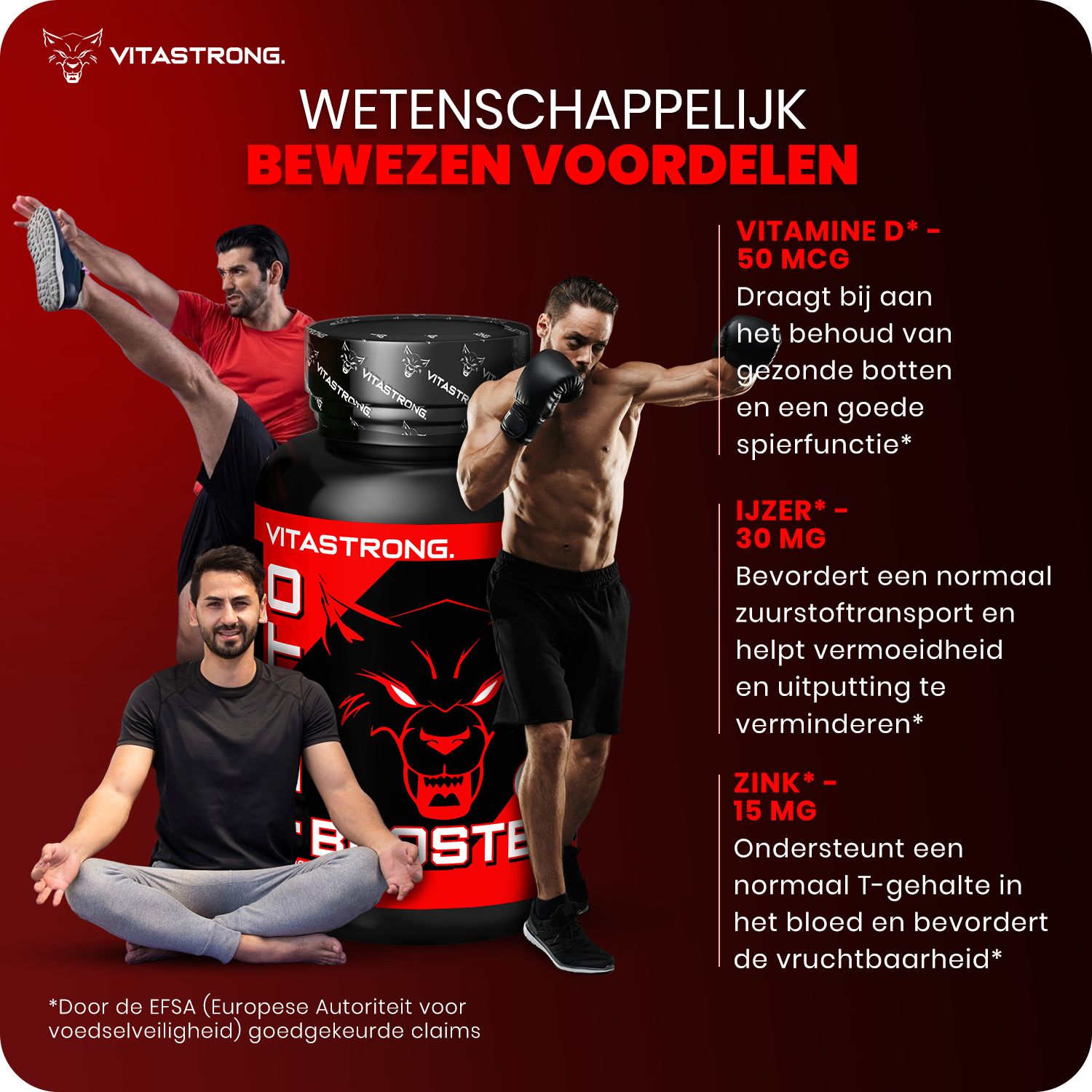 Vitastron. Testo Booster fles met afbeeldingen van mannen die sporten en tekst over vitaminen en mineralen.
