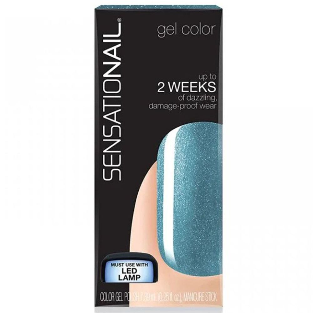 Boîte de vernis gel bleu. Inscription : Sensationail, jusqu'à 2 semaines. Nécessite une lampe LED.
