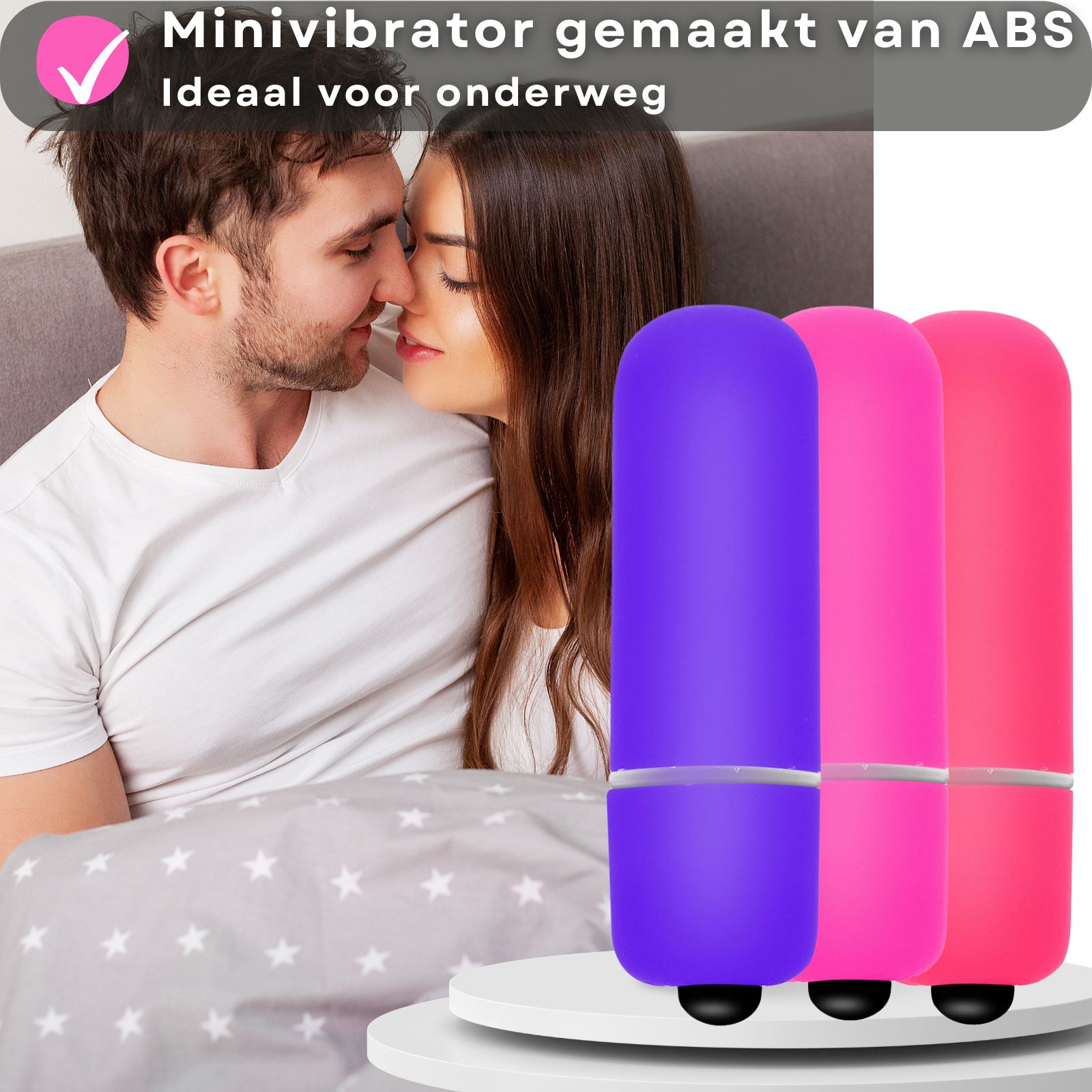 Drie mini-vibrators. Paars, roze en roze. Tekst: Mini vibrator van ABS, perfect voor onderweg.