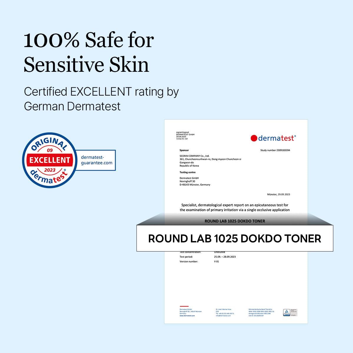 Document de certification. Certification par German Dermatest. Nom du produit : ROUND LAB 1025 DOKDO TONER.