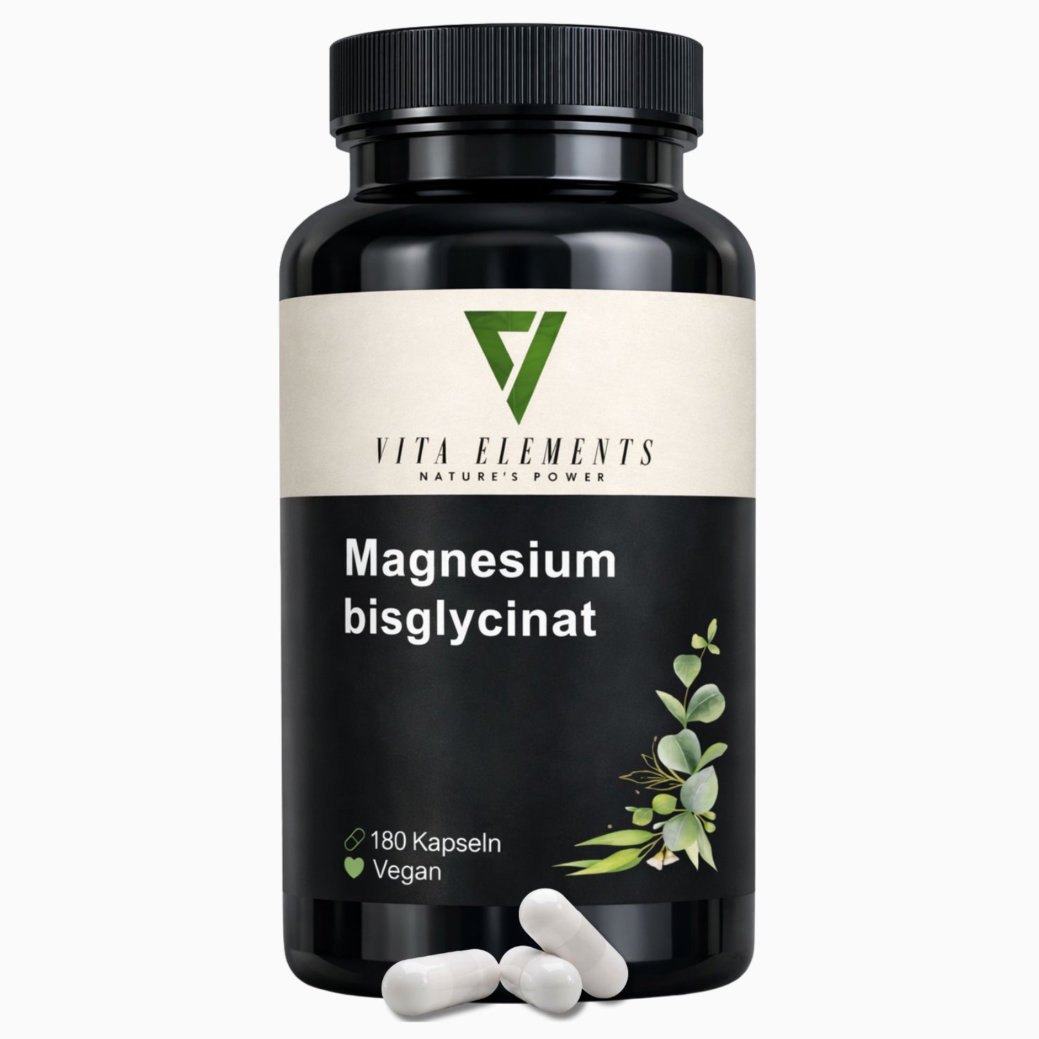 Zwarte pot met Vita Elements Magnesiumbisglycinaat capsules, 180 stuks, vegan.