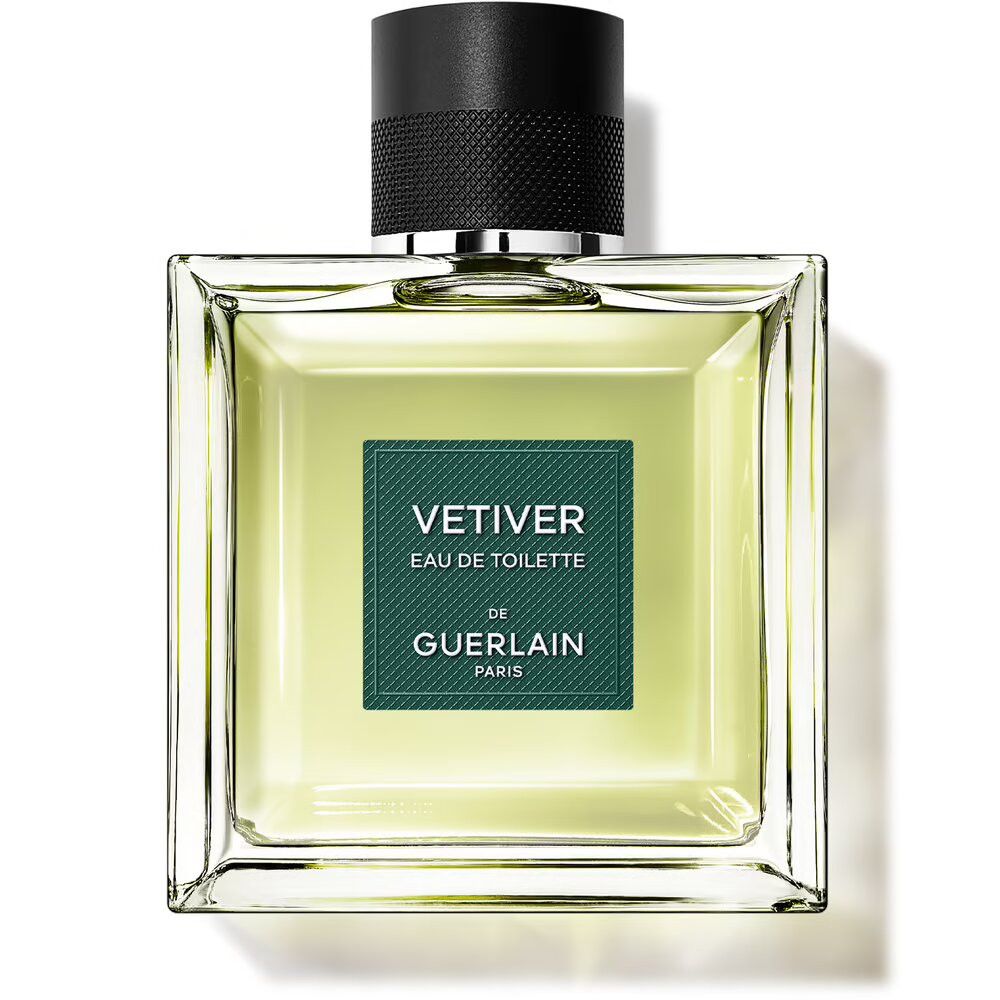 Vierkante fles met zwarte dop. Groen etiket met tekst: VETIVER EAU DE TOILETTE DE GUERLAIN PARIS.