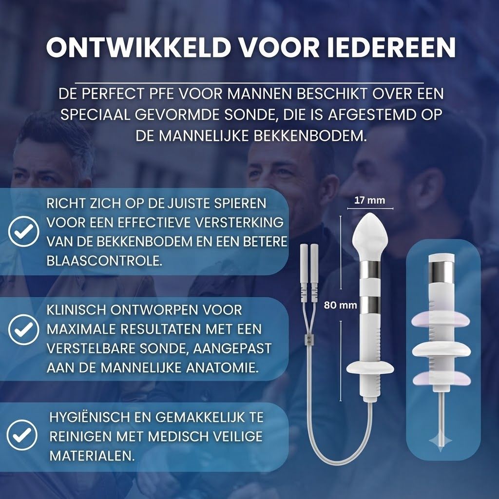 Een witte bekkenbodemtrainer voor mannen met een 17 mm brede sonde en een 80 mm lang apparaat.