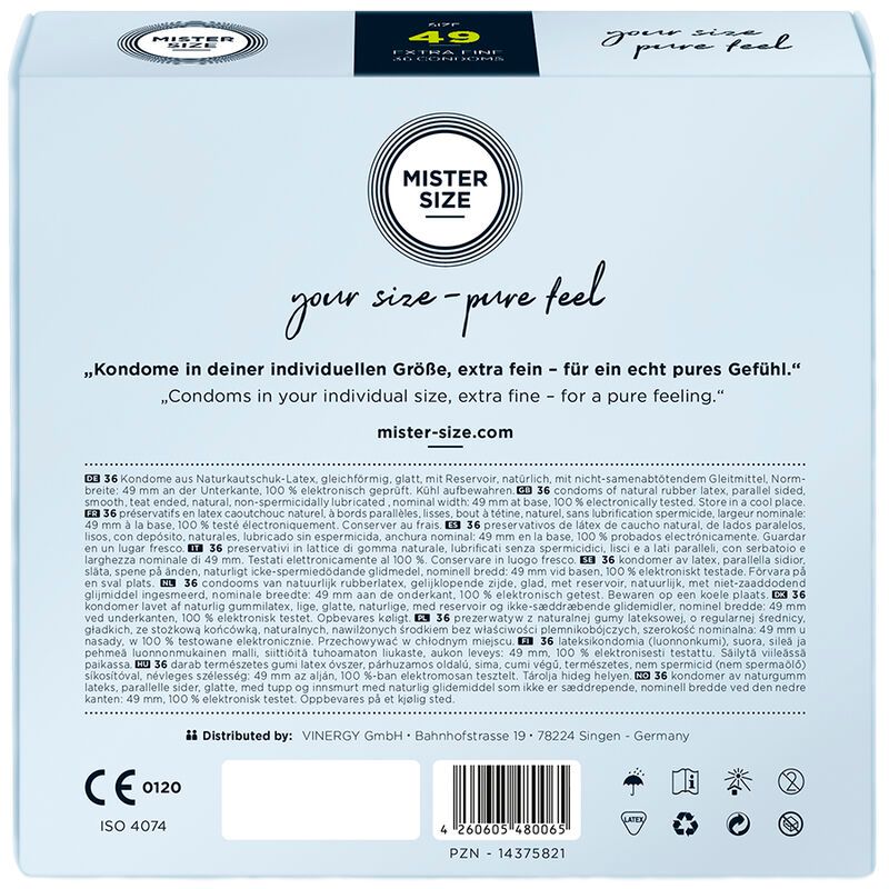 Vue latérale d'un pack de préservatifs MISTER SIZE 49 avec aperçu des tailles.