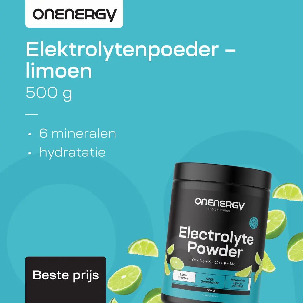 Pot Elektrolytenpoeder - limoen. Tekst: 500 g, 6 mineralen, hydratatie. Tekst: Beste prijs.