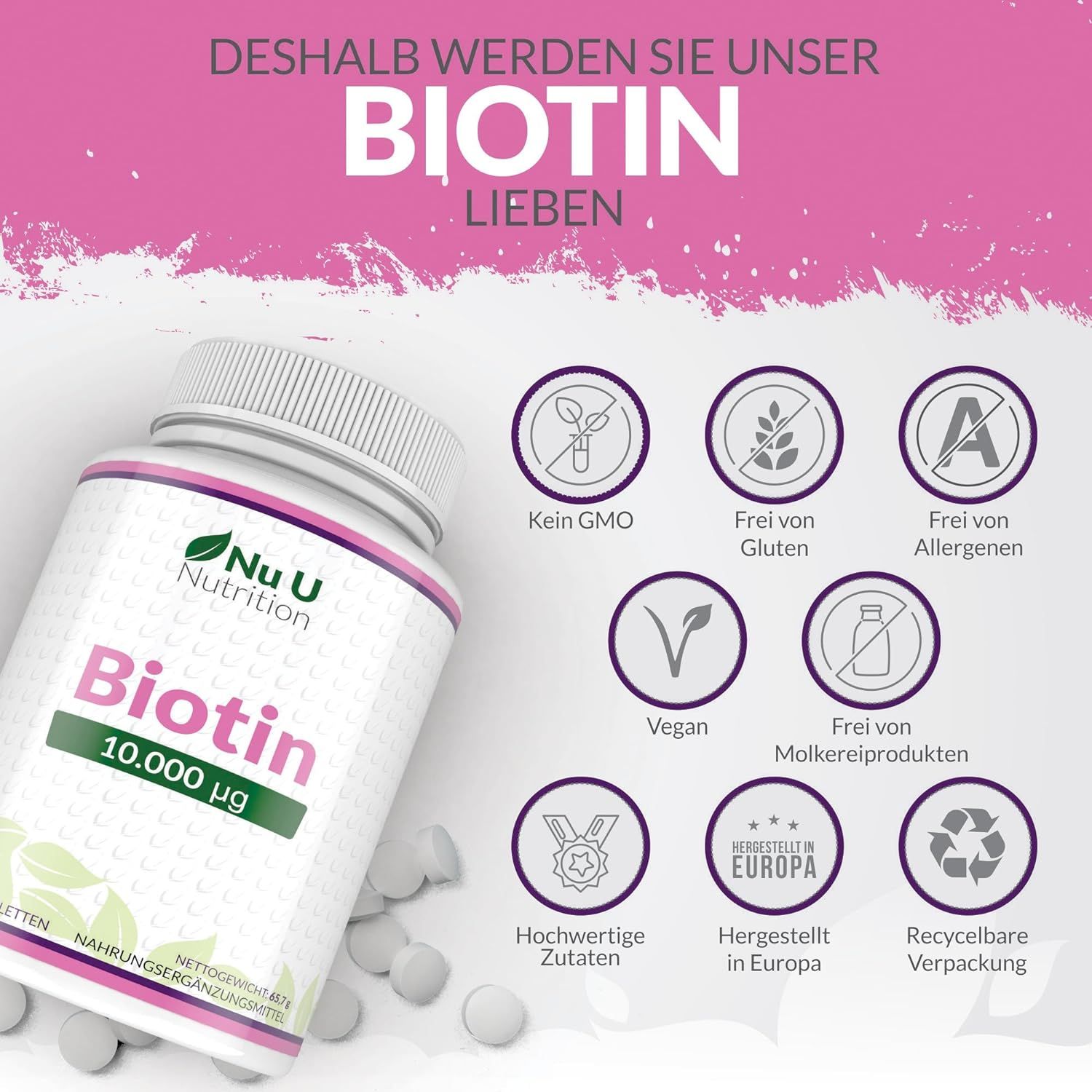Fles Biotine 10.000 mcg Nu U Nutrition. Geen GGO's, glutenvrij, allergeenvrij, veganistisch, hoogwaardige ingrediënten.