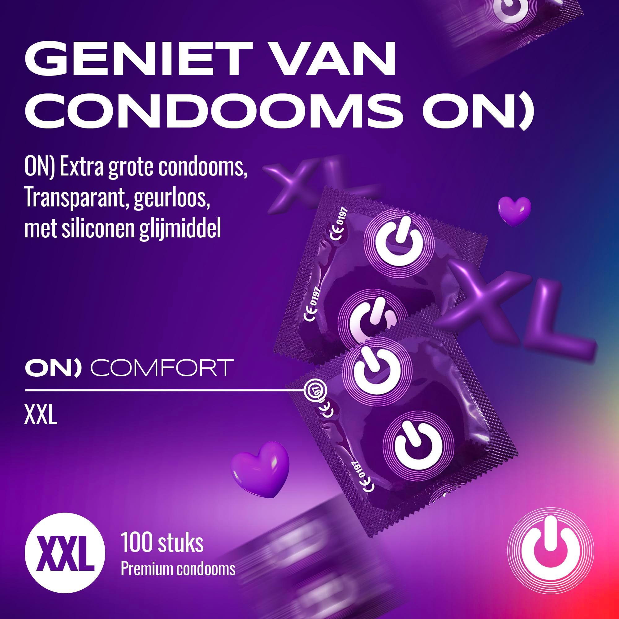 Verpakking met 100 ON) condooms, maat XXL, transparant, met siliconen glijmiddel.